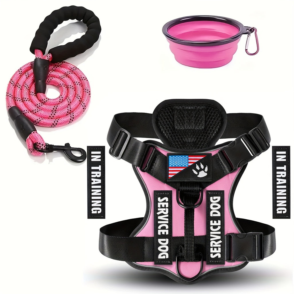 Service Dog Harness and Leash Set - Adjustable Soft Oxford Pet Harness with 1pc Folding Bowl, 5pcs Patches, Reflective Vest, Easy Control Traction Rope for Small Medium Large Dogs