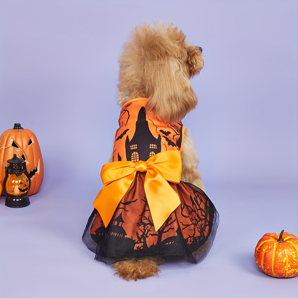 Halloween Castle Print Dog Dress with Bow - Breathable Polyester, All-Season Pet Apparel for Small to Medium Breeds