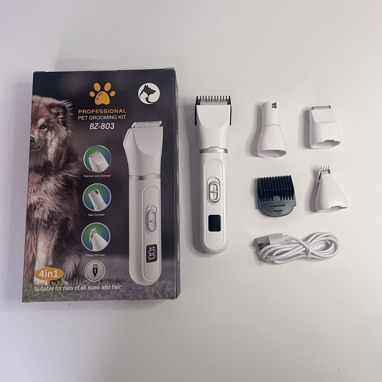 Rechargeable Pet Grooming Clipper Kit, Electric Dog Hair Trimmer with Multiple Attachments and Cleaning Brush
