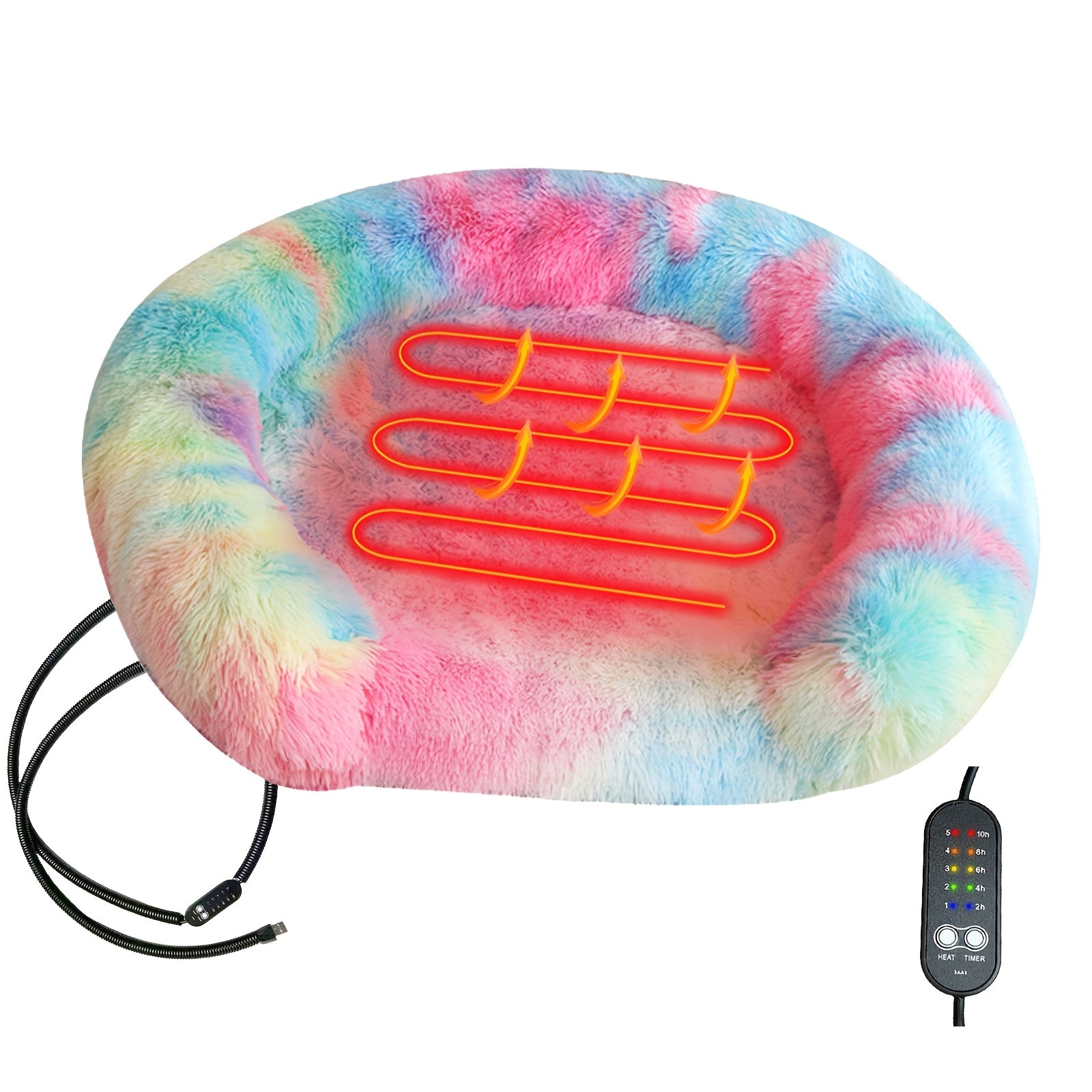 [Nonslip Safety] Colorful USB-Powered Pet Heating Bed for Cats & Small Dogs - Soft Plush Nest with Adjustable Thermostat, 5-Temperature Settings, Timer Function, Non-Slip Bottom, and Remote Control - Perfect for Cold Winter N