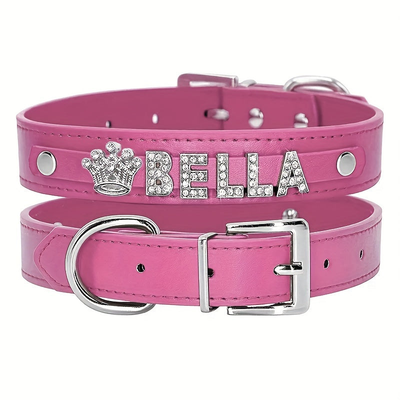 Personalized PU Leather Dog & Cat Collar with Sparkling Rhinestone ID Tag - Custom Name "Bella" or "Jamie" & Heart/Paw Print Design, Adjustable Fit for Small to Large Pets, Perfect Gift for Your Furry Friend