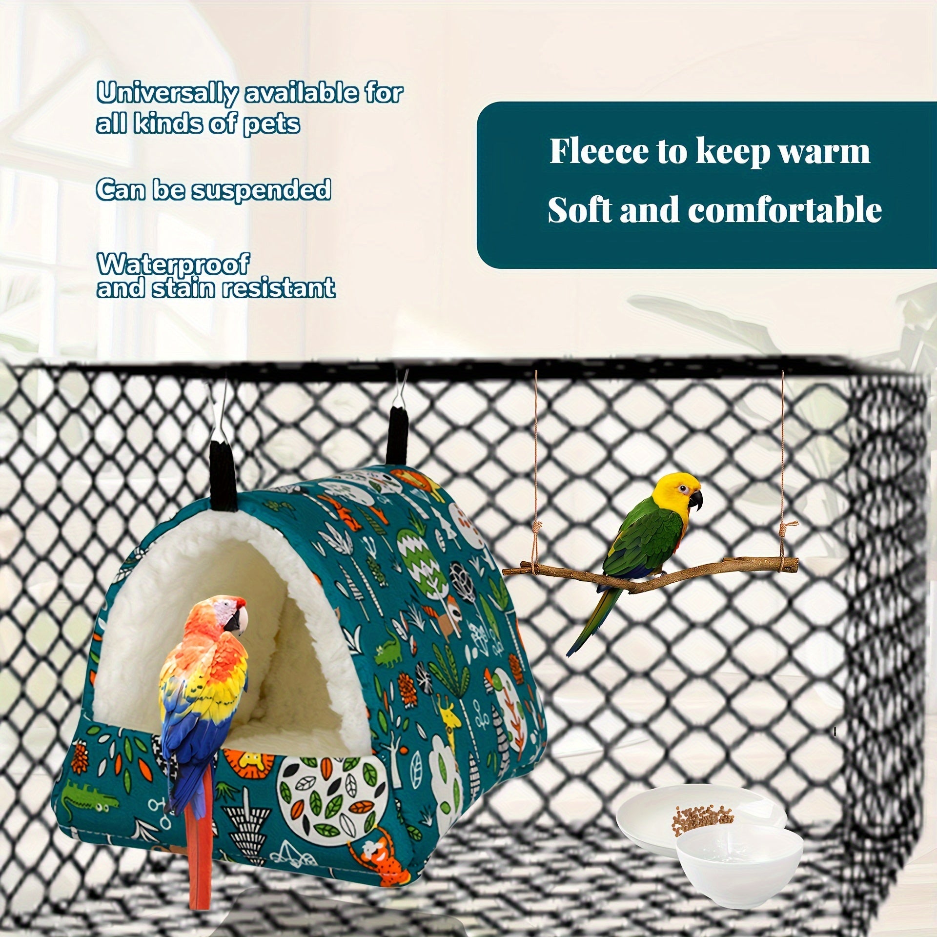 1pc Cartoon Printed Warm Fleece Bird Nest, Warm Triangular Sleeping Bird Hammock, Hanging Bedding Toy Bird Hideout