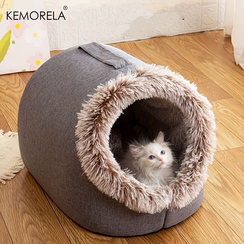 [Cozy Cat Bed] Portable Cat Bed with Handle | Thickened Warm Polyester Pet Bed, Cozy Circular Design with Plush Furry Interior for Indoor Cats, Durable & Easy-Clean Cat Bed for Travel, Home, or Gifting, Cute Cat Bed by KEMORE
