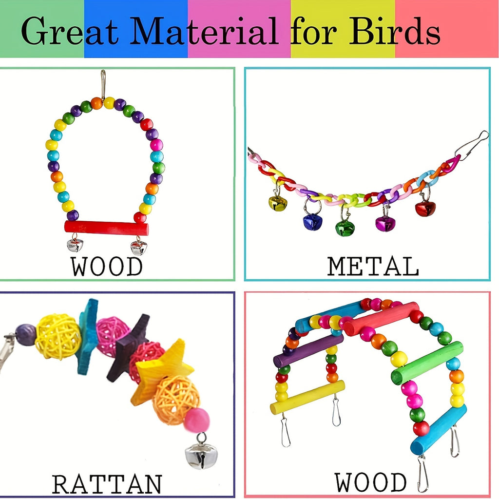7pcs Bird Toy Set Colorful Pet Parrot Toys Swing Chewing Hanging Cage Toy With Bell Bird Cage Accessories