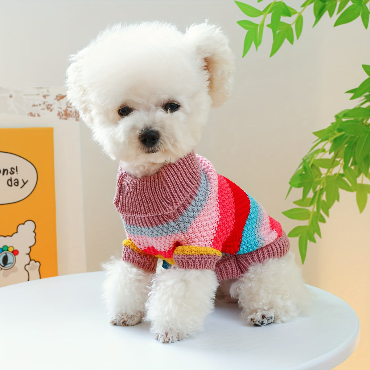 [Warm Striped Pullover for Pomeranians] Small Breed Cozy Knit Dog Sweater - Colorful Striped Pullover for Pomeranians, Teddy & Poodles - Warm Autumn/Winter Pet Apparel