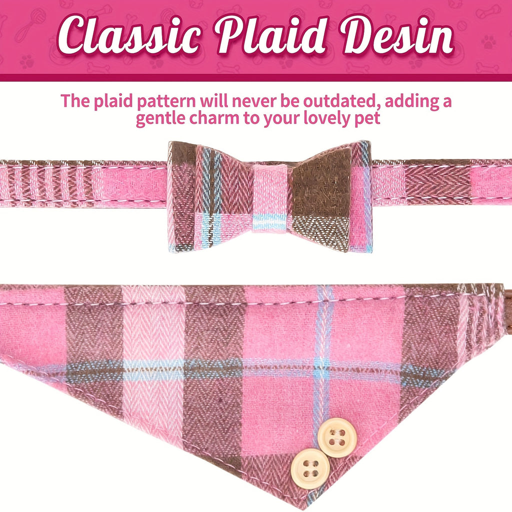 Plaid Leather Dog Collar Set with Bandana and Bowtie, Adjustable Pet Collar with Leash and Bell for Small to Medium Dogs and Cats, Machine Washable
