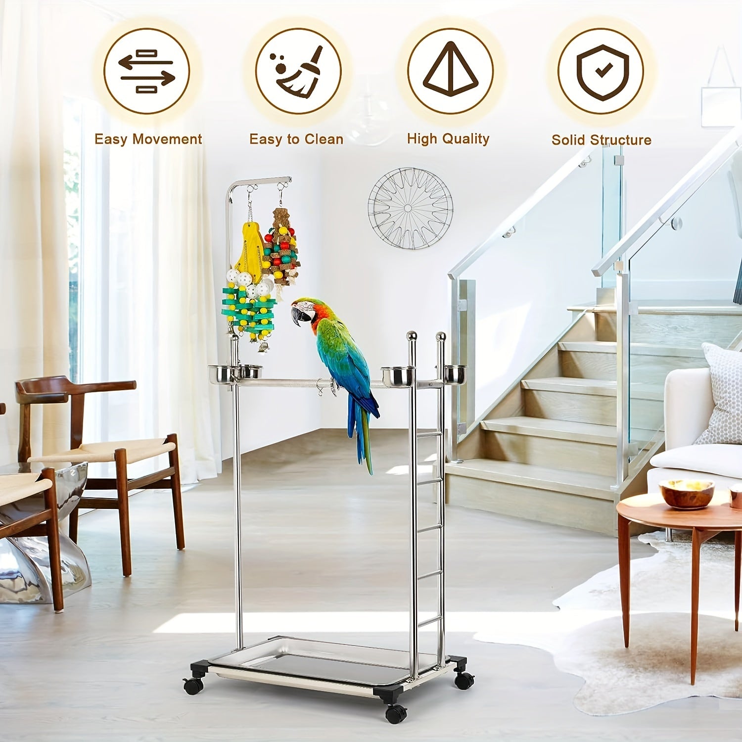 [Stainless Steel Bird Cage] 1pc Stainless Steel Foldable Bird Cage Stand - Parrot Stand with Gnawing Toys