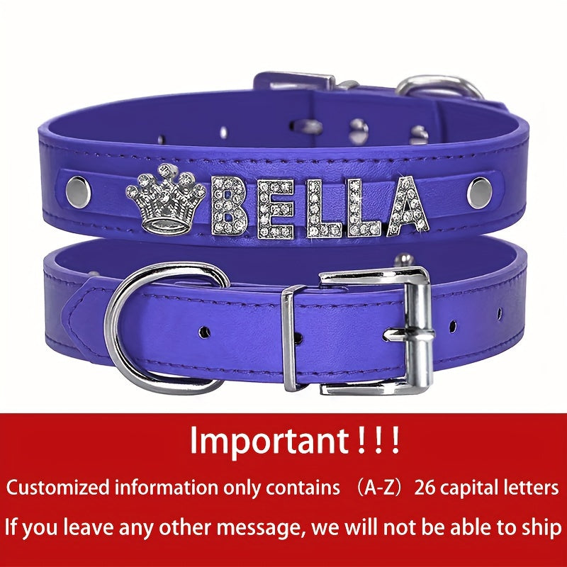 Personalized PU Leather Dog & Cat Collar with Sparkling Rhinestone ID Tag - Custom Name "Bella" or "Jamie" & Heart/Paw Print Design, Adjustable Fit for Small to Large Pets, Perfect Gift for Your Furry Friend