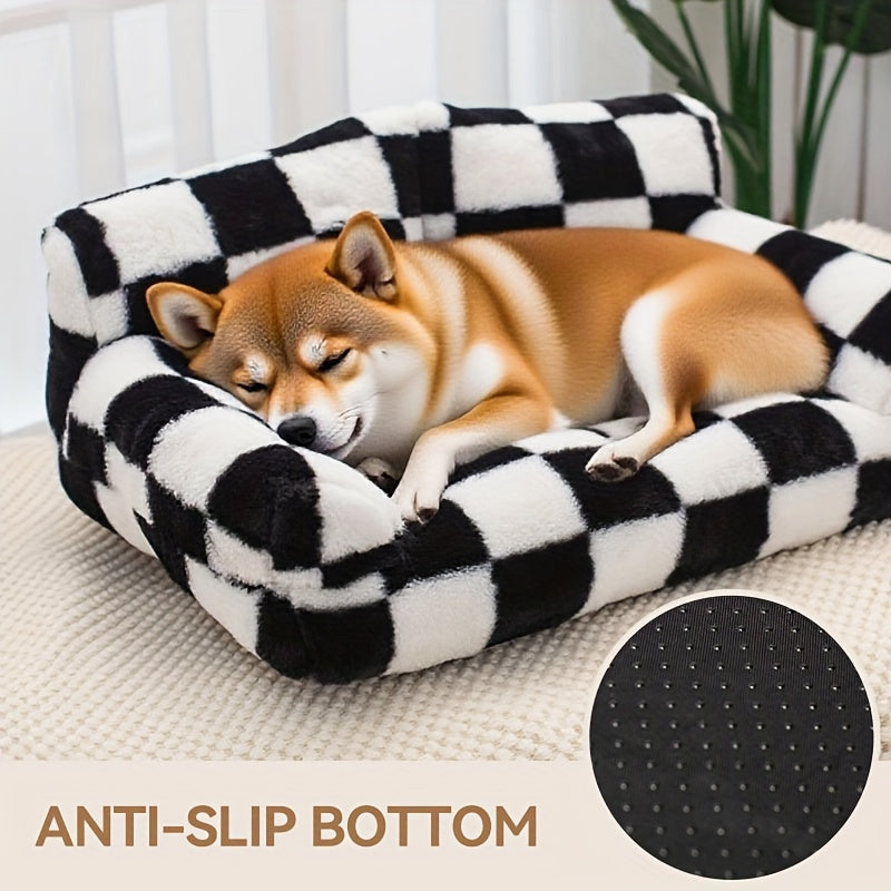 All-Season Pet Sofa Bed - Plush Polyester Cushioning, Black & White Checkerboard Pattern - Soft Warm Bed for Cats, Small Dogs, Indoor Use - Easy-Clean Pet Furniture for Living Room, Bedroom Decor, Cozy Design, Softcushioned S