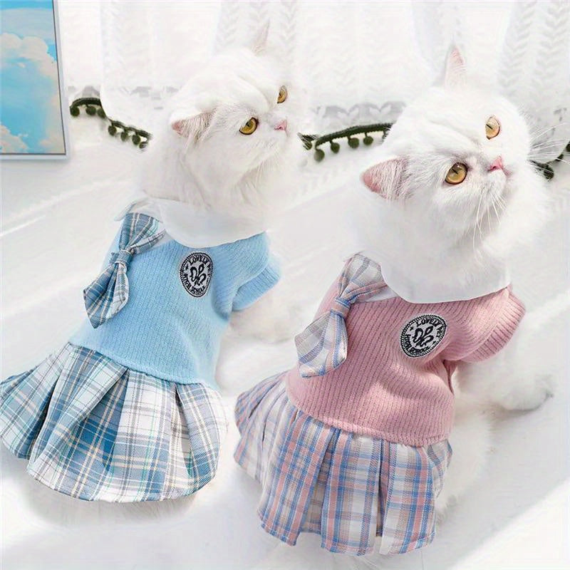 Small Breeds Polyester All-Season Dog Dress, Chic College Style Pet Apparel with Plaid Skirt and Collar, Pullover Design, Ideal for Spring, Cat & Chihuahua, Available in Pink, Blue, Green