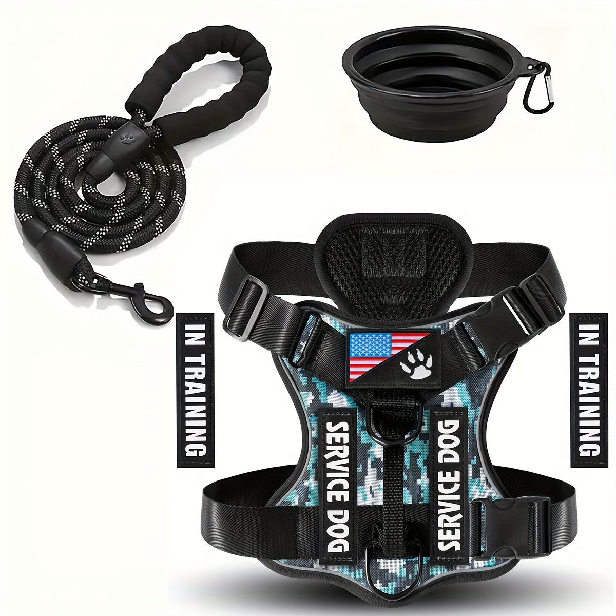 Service Dog Harness and Leash Set - Adjustable Soft Oxford Pet Harness with 1pc Folding Bowl, 5pcs Patches, Reflective Vest, Easy Control Traction Rope for Small Medium Large Dogs