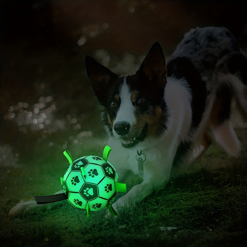 1pc Durable Football Design Pet Luminous Toy With Straps Dog Chewing Ball Toy For Training Playing Teeth Cleaning, Interactive Fetch Pet Toy For Small Medium Large Dogs