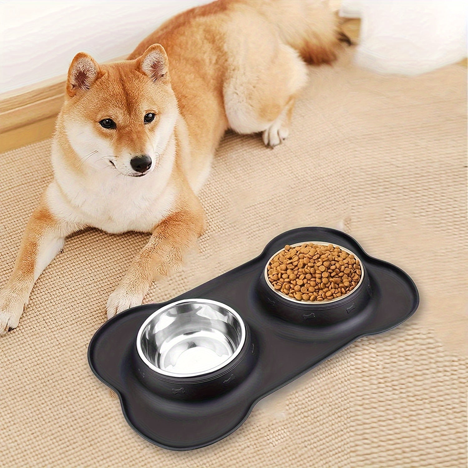 [2-in-1 Feeding Watering Station] 2-in-1 Dog Feeding & Watering Station, Thermoplastic Rubber Pet Bowl Mat with Stainless Steel Dual Bowls, Anti-Spill Pet Feeder, Includes Bowl Holder, Ideal for All Dog Breeds