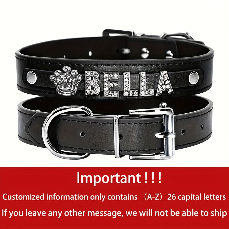 Personalized PU Leather Dog & Cat Collar with Sparkling Rhinestone ID Tag - Custom Name "Bella" or "Jamie" & Heart/Paw Print Design, Adjustable Fit for Small to Large Pets, Perfect Gift for Your Furry Friend
