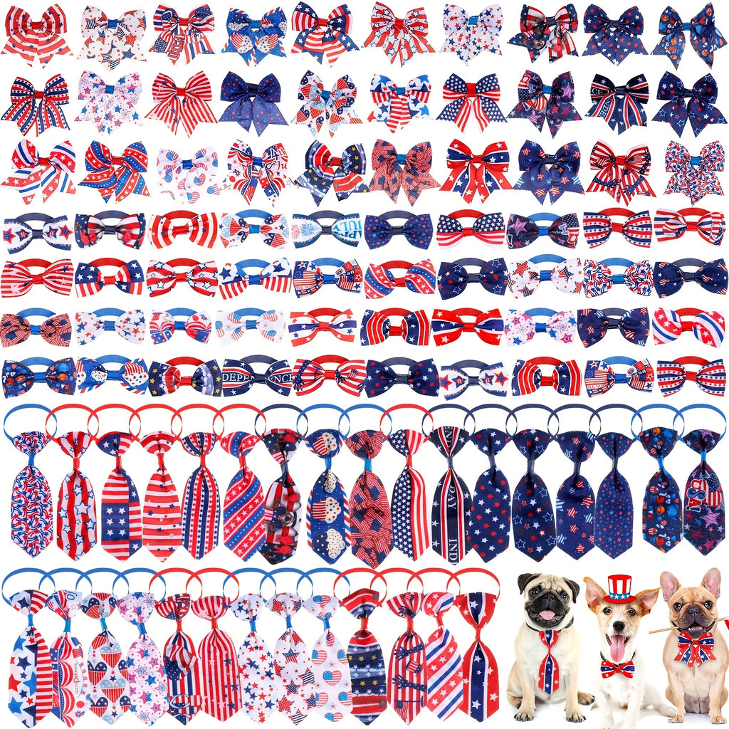 100pcs Patriotic Dog Bow Tie Collar Set - Adjustable 4th of July Dog Bows with American Flag & Star Designs, Polyester, Perfect for Small to Medium Breeds, Festive Pet Accessories | Patriotic Dog Accessories | Adjustable Coll