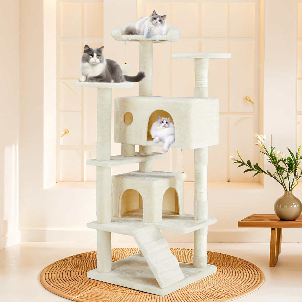 Cat Tree Tower For Indoor Cats, 54in Tall Multi-Level Pet Furniture, Stable Kitty Play House With Sisal Scratching Post, Large Condo, Climbing Ladder, Plush Toy For Kitten
