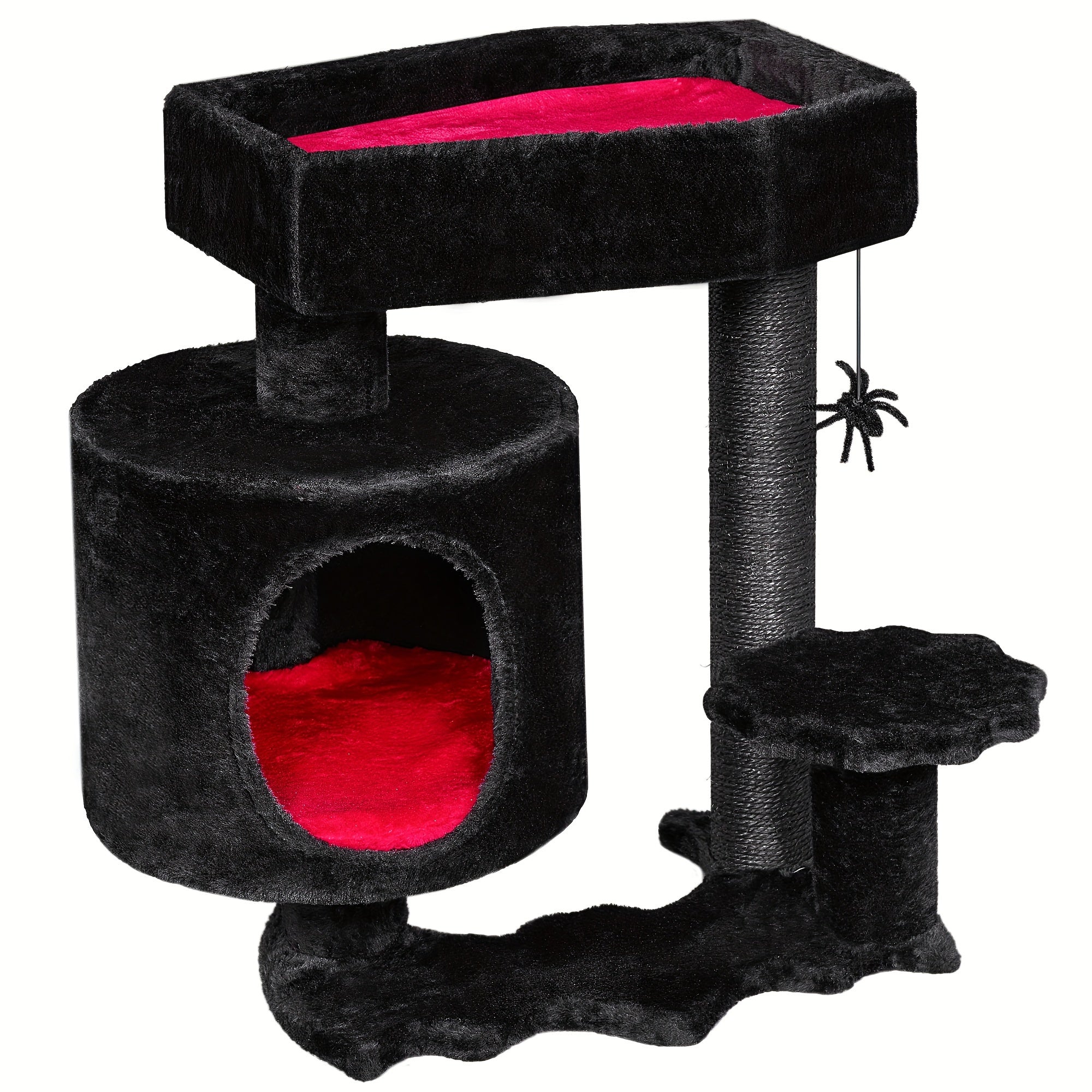 BEWISHOME Gothic Cat Tower With Coffin Bed, Multi-Level Goth Cat Tree Cat Condo With Cat Scratching Post, Spider Hanging Ball Black Red Halloween Kitten Pet Furniture