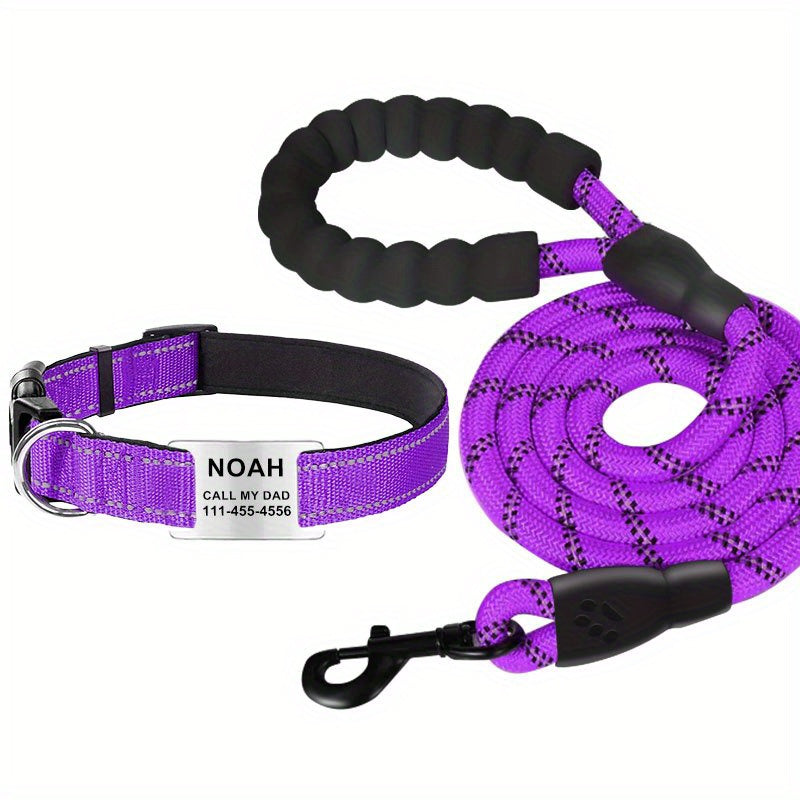 [Durable Adjustable Dog Leash] Custom Engraved Reflective Dog Collar with Name Tag, Personalized Polyamide Pet Collar, Durable Adjustable Collar with Leash for Dogs