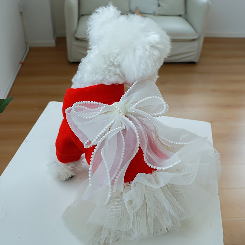 Chic Pearl-Embellished Lace Dog Dress - Princess Style Pet Apparel for Small Breeds, Includes Pomeranian & Yorkie Designs