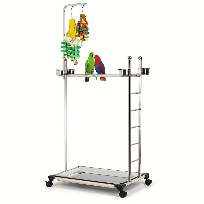 [Stainless Steel Bird Cage] 1pc Stainless Steel Foldable Bird Cage Stand - Parrot Stand with Gnawing Toys