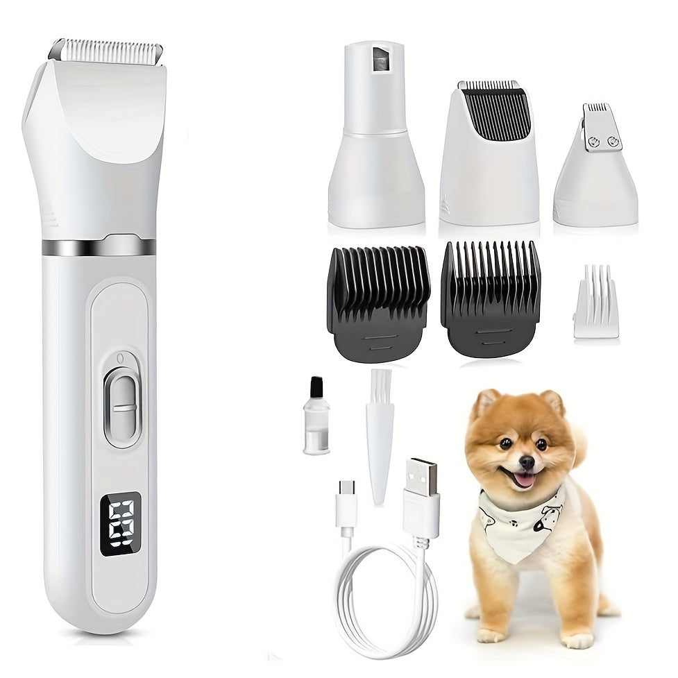 Rechargeable Pet Grooming Clipper Kit, Electric Dog Hair Trimmer with Multiple Attachments and Cleaning Brush