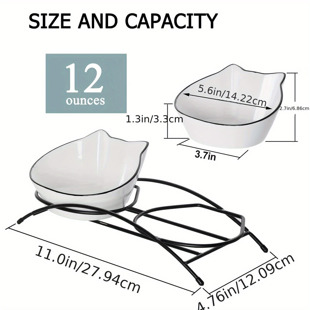 [Cute Tilted Design Cat Feeding Dishes] 2pcs 12oz Ceramic Cat Bowls - Anti-Vomiting, Tilted Design for Improved Digestion & Posture - Cute Kitty Face Pet Feeding Dishes
