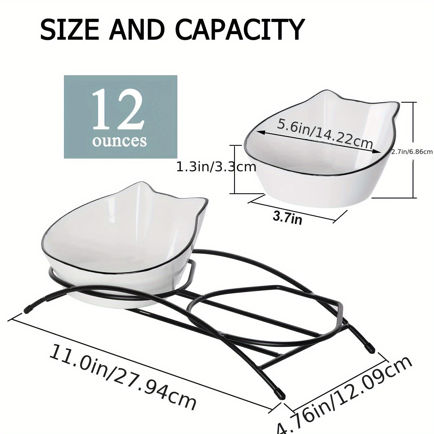 [Cute Tilted Design Cat Feeding Dishes] 2pcs 12oz Ceramic Cat Bowls - Anti-Vomiting, Tilted Design for Improved Digestion & Posture - Cute Kitty Face Pet Feeding Dishes