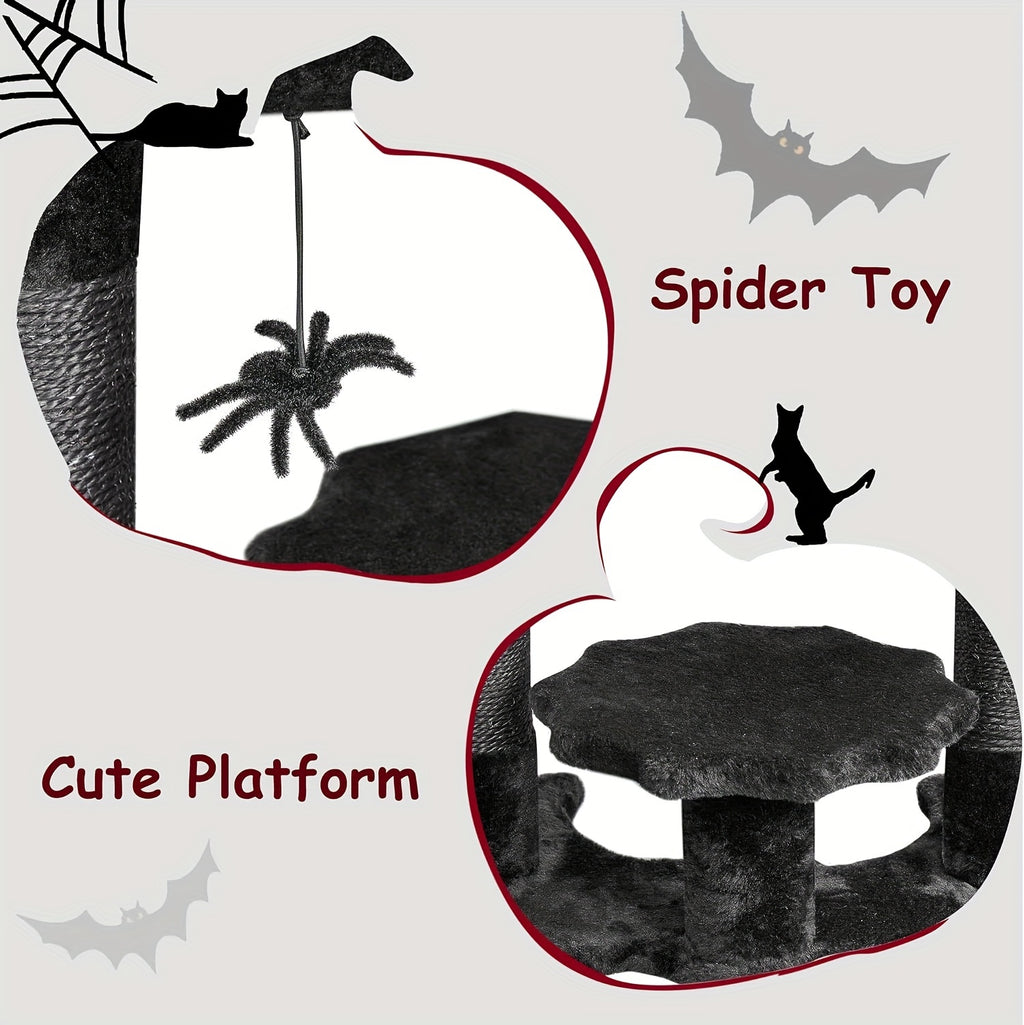 BEWISHOME Gothic Cat Tower With Coffin Bed, Multi-Level Goth Cat Tree Cat Condo With Cat Scratching Post, Spider Hanging Ball Black Red Halloween Kitten Pet Furniture
