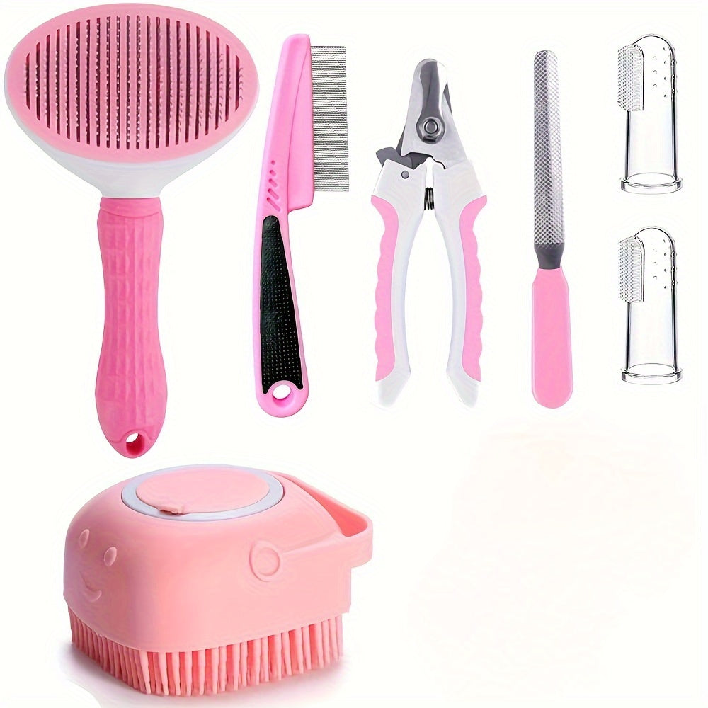 7pcs/set Pet Grooming Set, Self Cleaning Cat and Dog Brush with Nail Clipper, File, Flea Comb, Bath Brush, and Finger Toothbrush