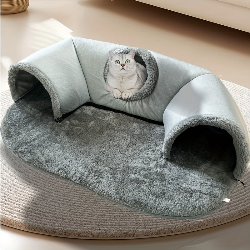 [Cozy Cat Tunnel] 3-in-1 Soft Polyester Cat Tunnel Bed & Playhouse | Cozy Hideout for Small Cats & Rabbits up to 8kg, Anti-Slip Bottom & Easy-Clean Design, Durable Pet Furniture