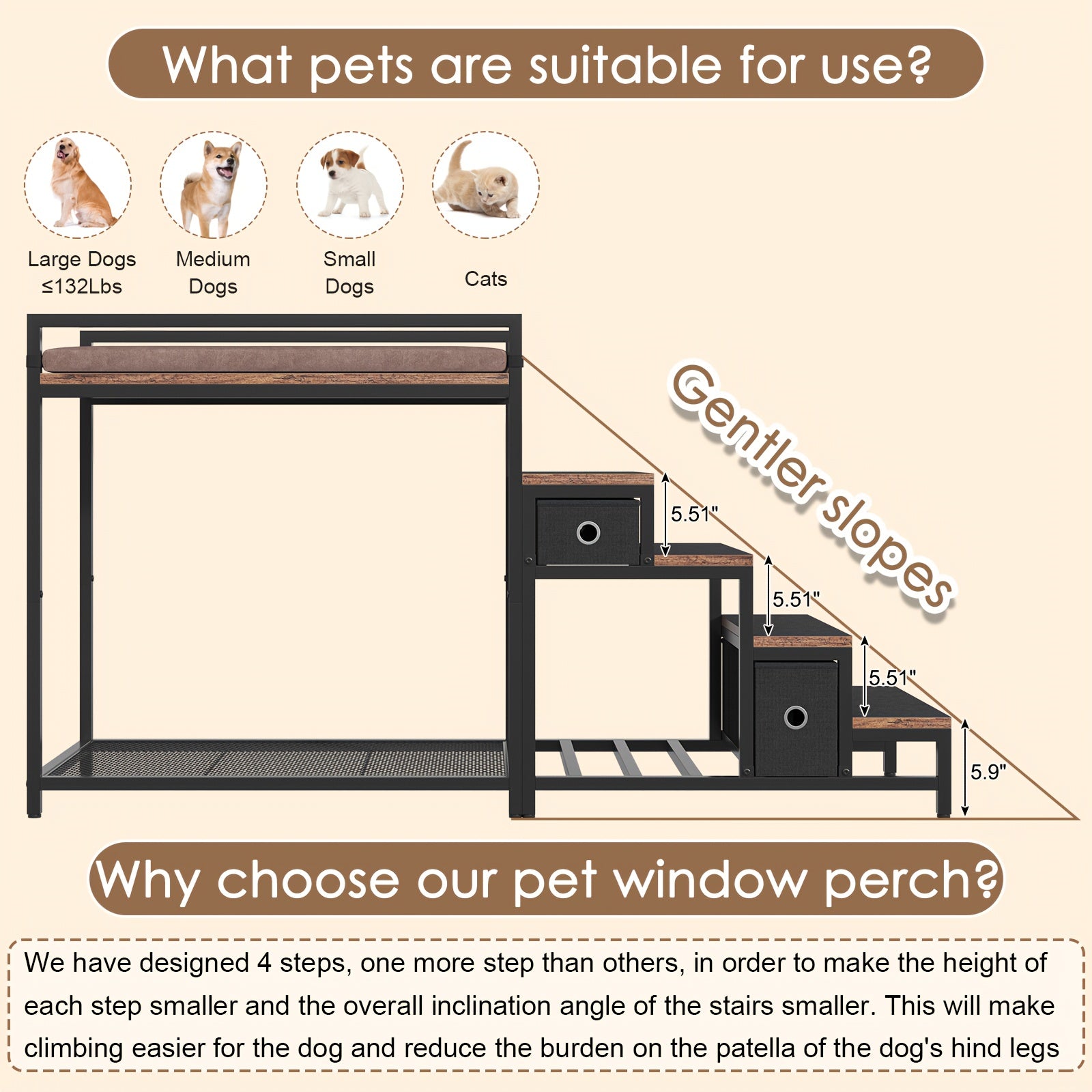 SAUDISM Multi-Level Pet Bunk Bed with Removable Step for Dogs & Cats - Durable Wooden Frame, Cushioned Perch & Window Seat, Indoor Use, Easy Assembly, Black, Perfect for Small to Medium Dogs, Cozy Home Decor, Pet Furniture, M
