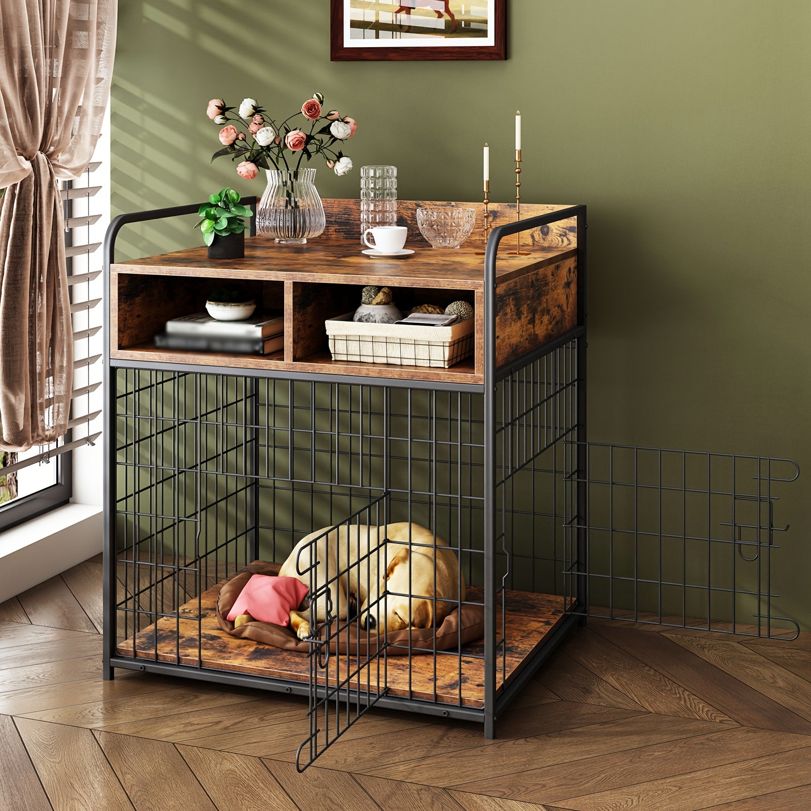 Saudiism Dog Crate for Small Dogs - Heavy-Duty Wooden with 2 Drawers, Sturdy Metal Frame & Soft Interior, Portable Pet Bed for Puppies, Collies, Poodle, Puppy Crate, Pet Bed, Classic Pet Furniture, Durable Pet Furniture