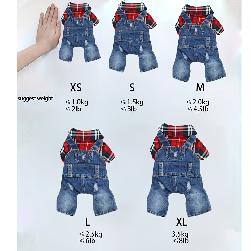 [Stylish Plaid Dog Jumpsuit] Cozy Plaid Denim Dog Jumpsuit - Stylish, Chic Button-Up Design for Small Breeds - Woven Fabric Pet Apparel