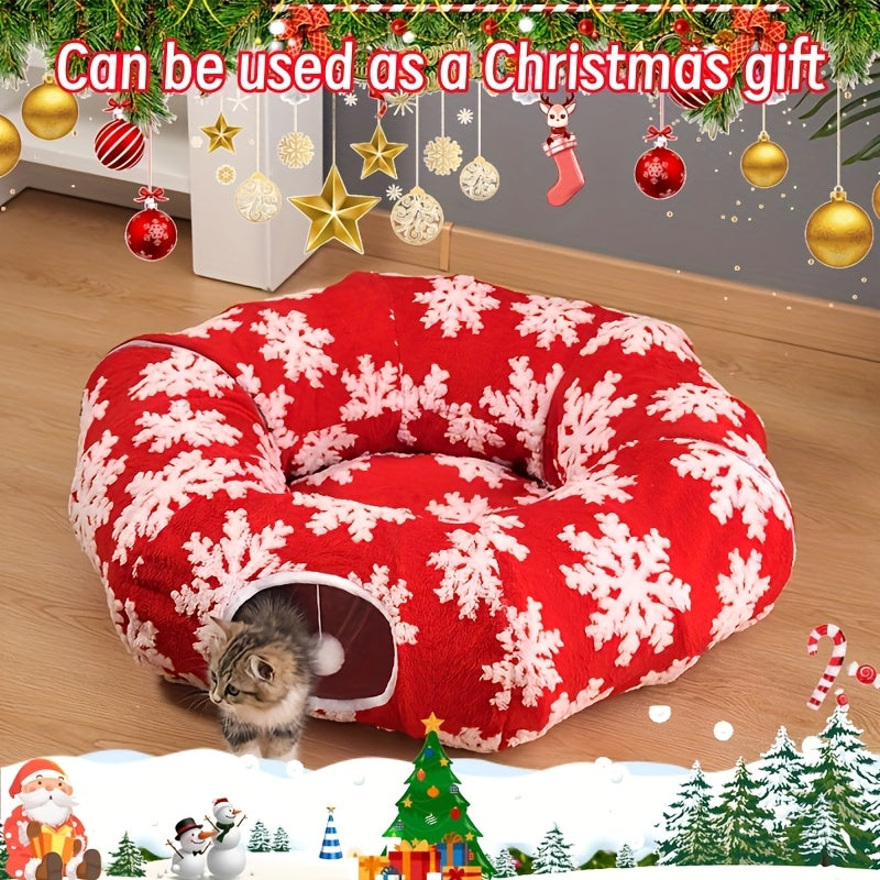 Christmas Cat Tunnel & Bed - Extra Large 37.01in Plush Warm Cozy Cat Bed with Expandable Donut, Snowflake Pattern, Holiday Theme, Anxiety Relief, Indoor Use, Red & Green, Cat Bed for Indoor Cats, Festive Pet Furniture, Playfu