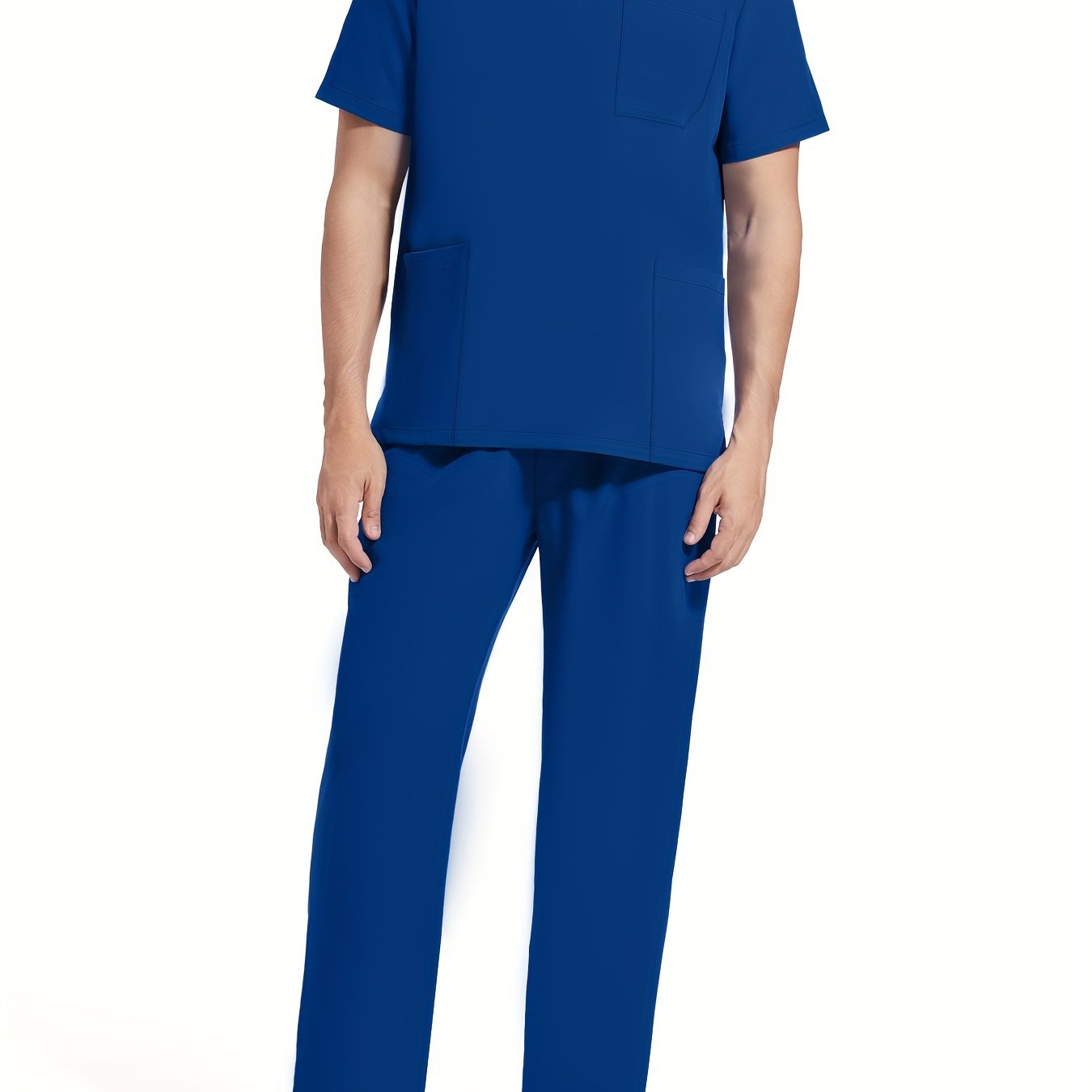Men's Short Sleeve Summer Work Wear Set, Lab Coat, Pet Grooming Uniform, Breathable V-neck Top With Pockets And Long Pants Outfit