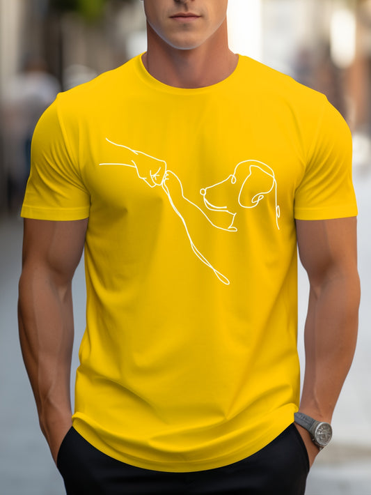 Men's Line Art Dog Print T-Shirt: Poop Scooper Exclusive! Super Cute Hand-Drawn Puppy Sketch, Minimalist Pet Interaction Design – Adorable Paw Print & Leash Graphic Tee