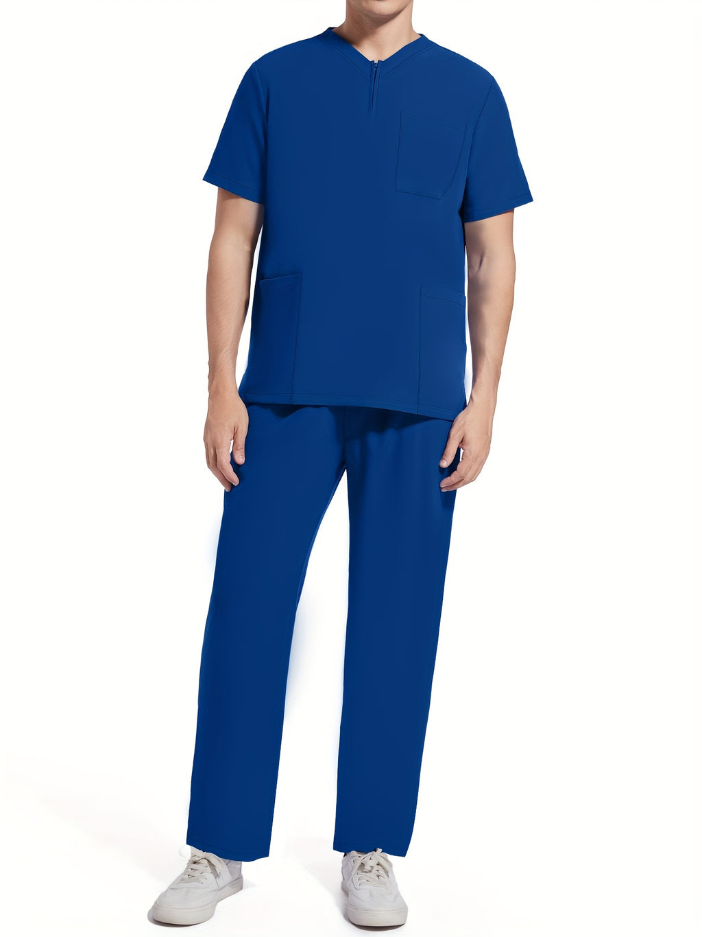 Men's Short Sleeve Summer Work Wear Set, Lab Coat, Pet Grooming Uniform, Breathable V-neck Top With Pockets And Long Pants Outfit