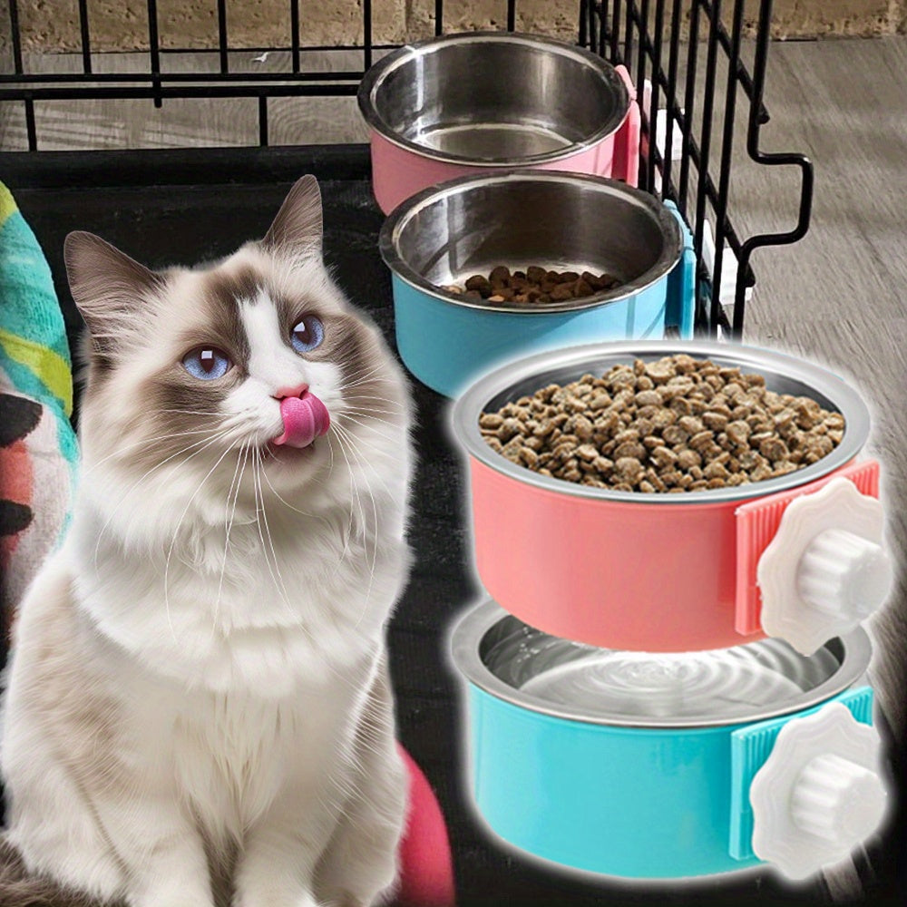 2pcs Removable Stainless Steel Hanging Pet Bowls for Crate - Easy Clean Food & Water Feeder with Non-Slip Base, Clamp Holder & Raised Edge Design for Small Dogs, Cats, Rabbits, Guinea Pigs, Pet Feeding Station | Detachable Bo
