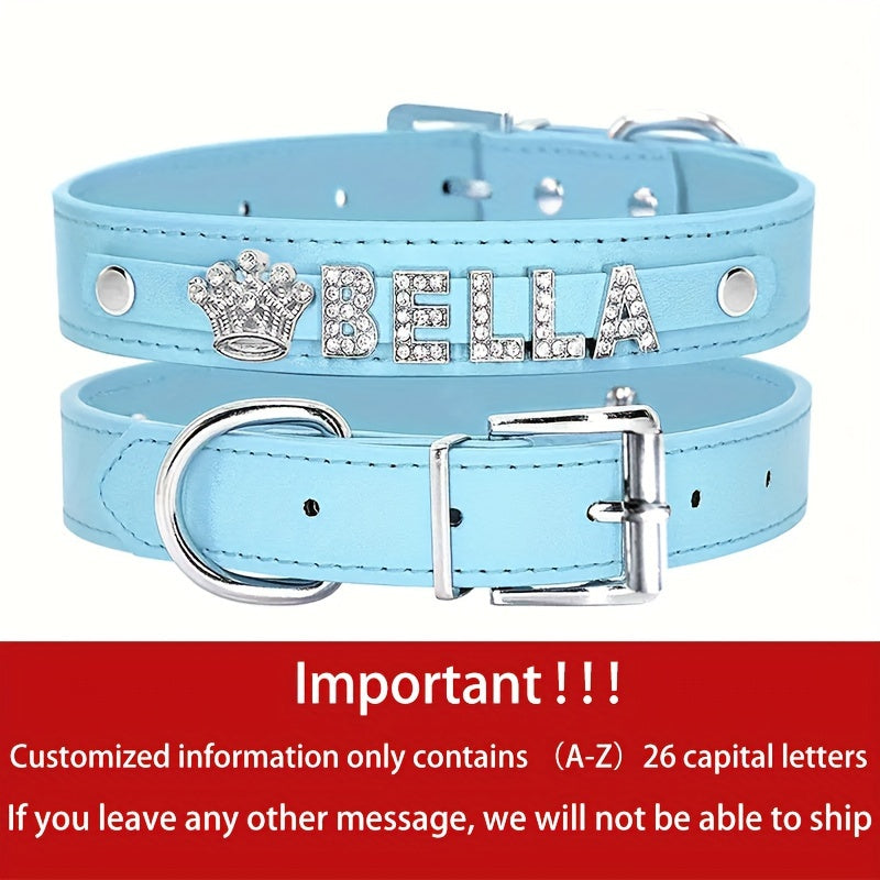 Personalized PU Leather Dog & Cat Collar with Sparkling Rhinestone ID Tag - Custom Name "Bella" or "Jamie" & Heart/Paw Print Design, Adjustable Fit for Small to Large Pets, Perfect Gift for Your Furry Friend