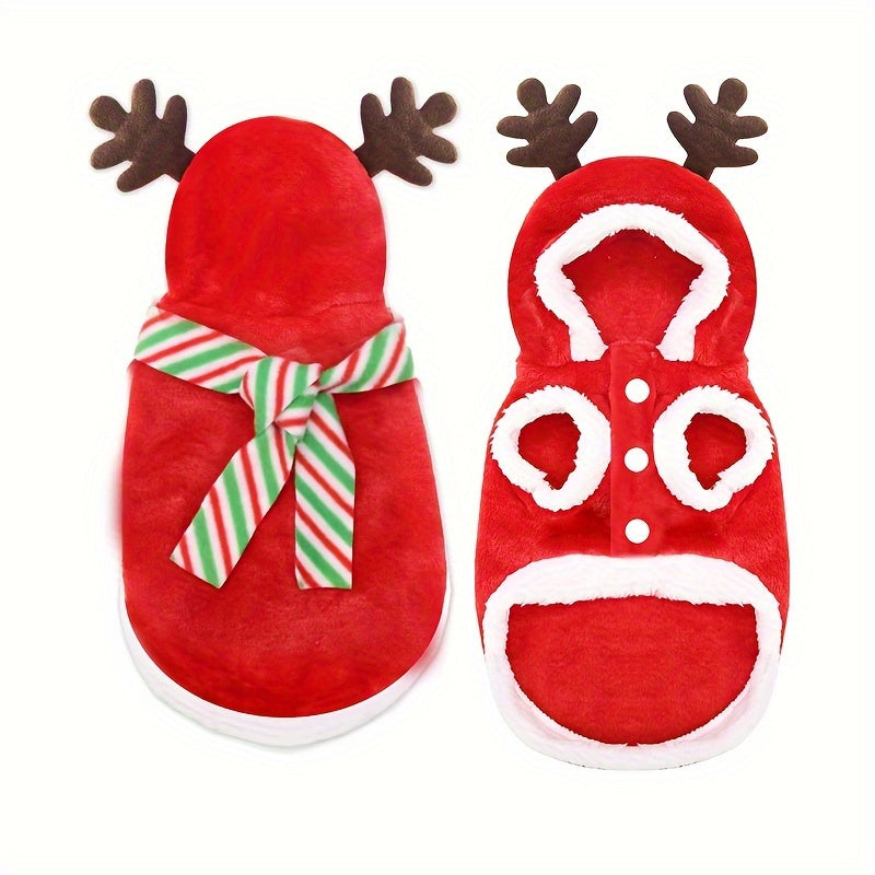 Set Of 2 Christmas Dog Hoodies, Winter Small Dog Outfits With Reindeer Antlers, Cute Polyester Pullover Pet Apparel – Hand Wash Only, Woven