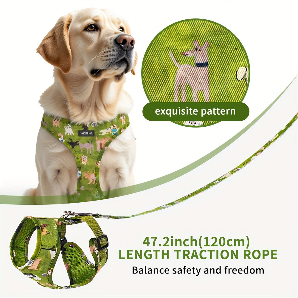6pcs Forest Animal Print Dog Walking Set, Adjustable Pet Harness, 4ft Leash, Collar, Bowtie, Bandana, and Waste Bag Dispenser for Small to Large Dogs, Polyester Fiber, Without Battery