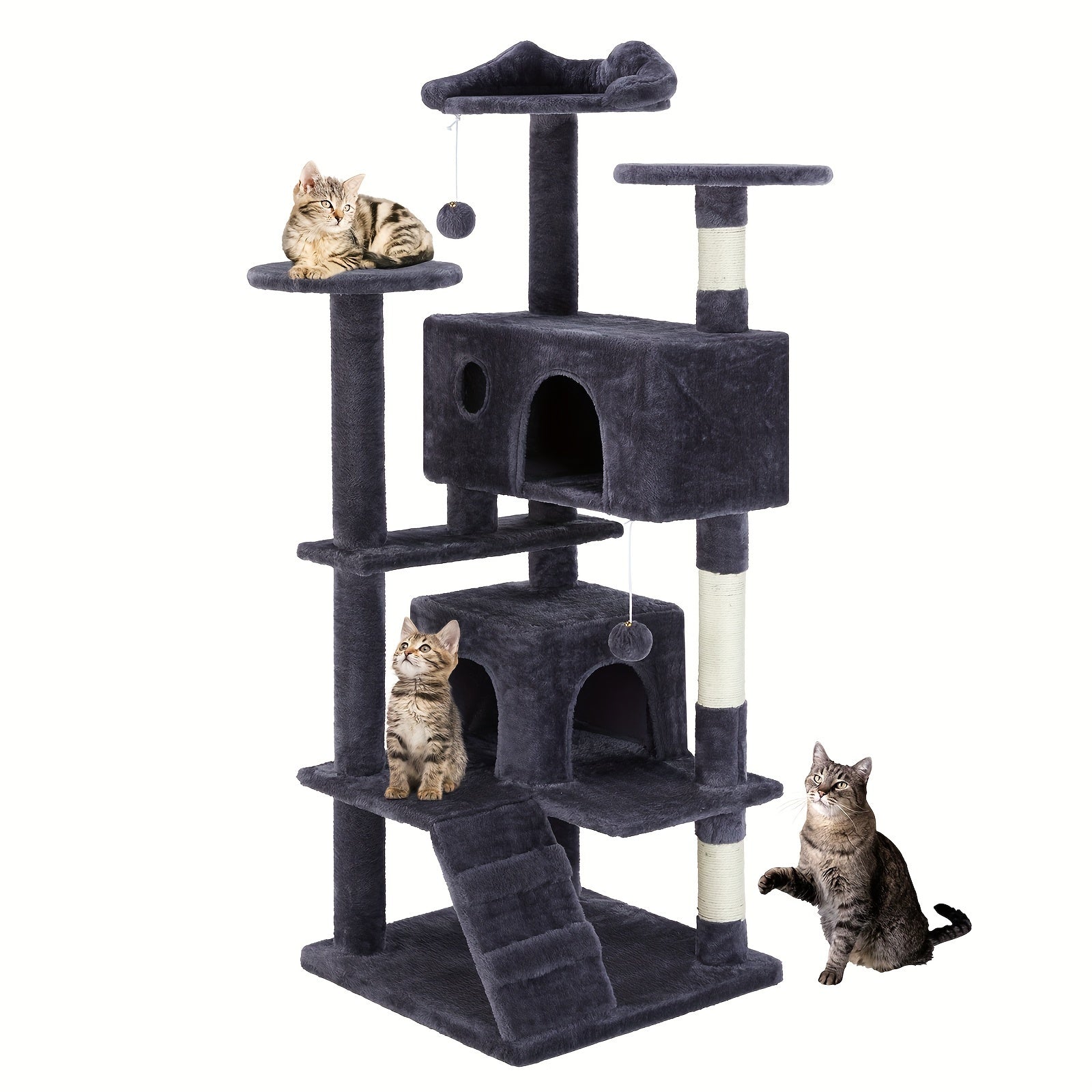 Cat Tree Tower For Indoor Cats, 54in Tall Multi-Level Pet Furniture, Stable Kitty Play House With Sisal Scratching Post, Large Condo, Climbing Ladder, Plush Toy For Kitten