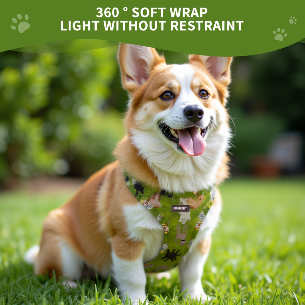 6pcs Forest Animal Print Dog Walking Set, Adjustable Pet Harness, 4ft Leash, Collar, Bowtie, Bandana, and Waste Bag Dispenser for Small to Large Dogs, Polyester Fiber, Without Battery