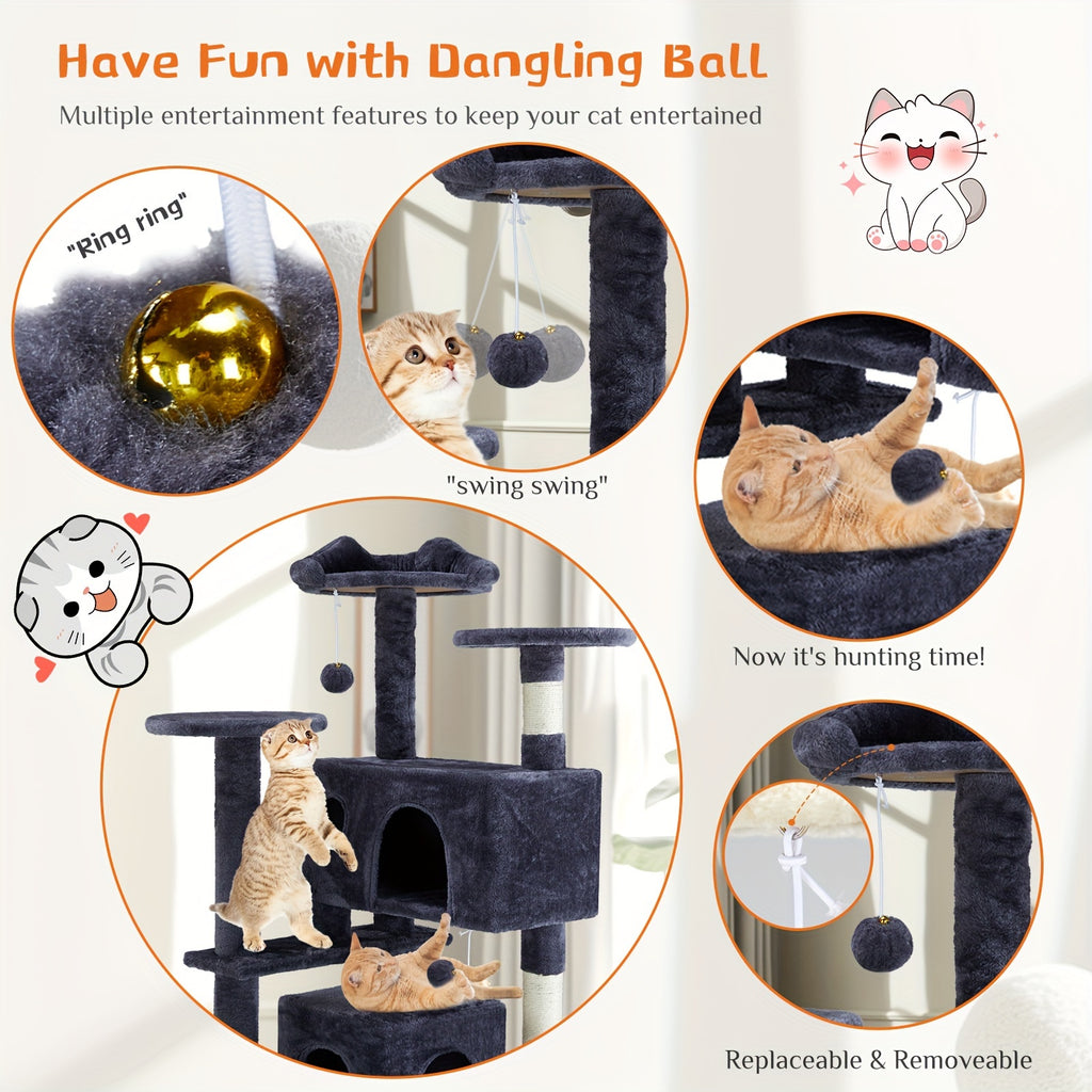 Cat Tree Tower For Indoor Cats, 54in Tall Multi-Level Pet Furniture, Stable Kitty Play House With Sisal Scratching Post, Large Condo, Climbing Ladder, Plush Toy For Kitten