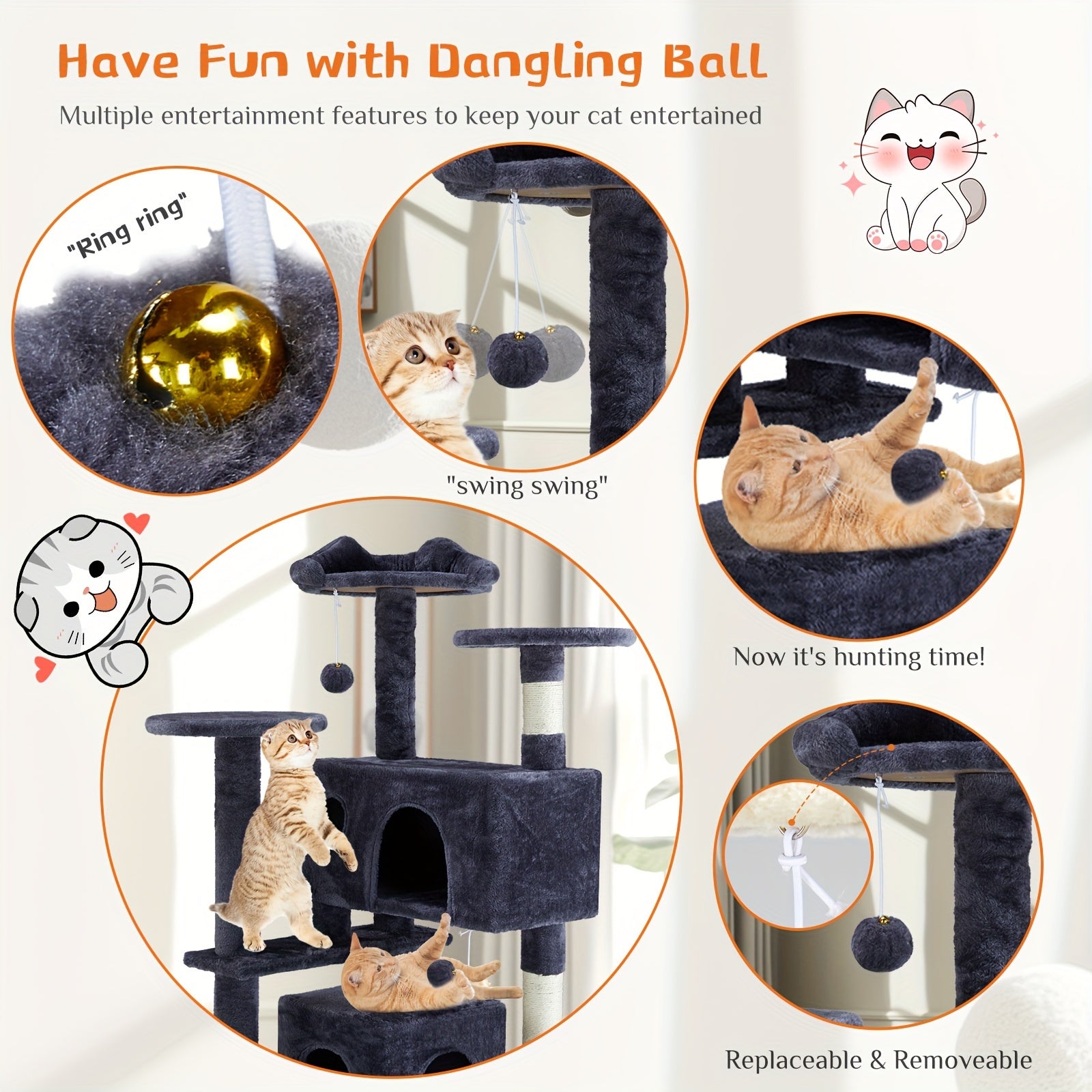 Cat Tree Tower For Indoor Cats, 54in Tall Multi-Level Pet Furniture, Stable Kitty Play House With Sisal Scratching Post, Large Condo, Climbing Ladder, Plush Toy For Kitten