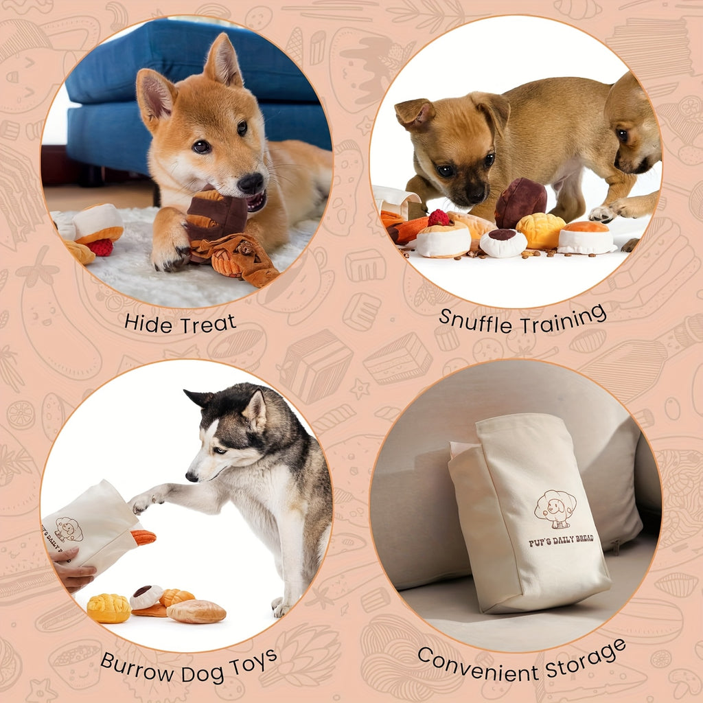 10 Pack Nocciola Bread Dog Toys with Storage Bag - Crinkle Squeaky Plush Chew Toys for Small & Medium Dogs, Durable Puppy Toys with Treat Hiding Pockets, Assorted Bread-Shaped Interactive Dog Accessories, Pet Playtime Accesso