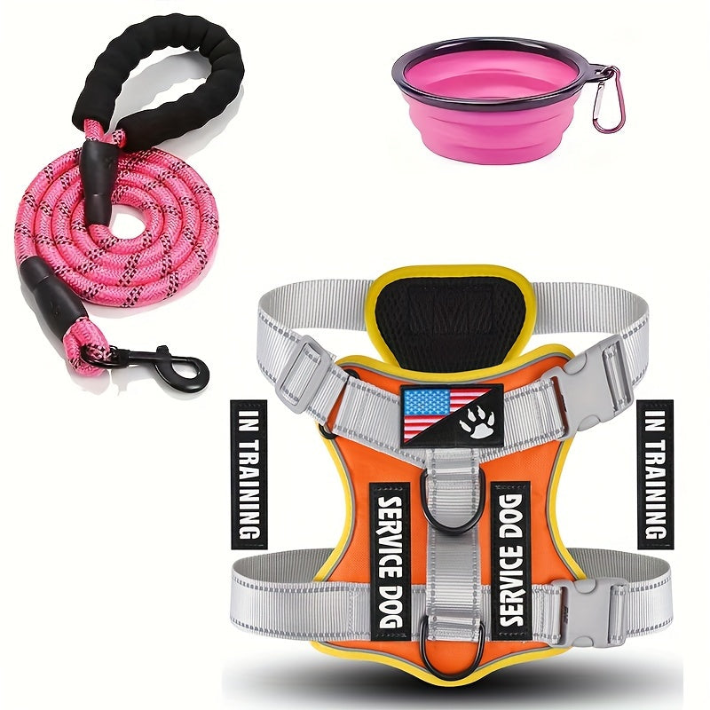 Service Dog Harness and Leash Set - Adjustable Soft Oxford Pet Harness with 1pc Folding Bowl, 5pcs Patches, Reflective Vest, Easy Control Traction Rope for Small Medium Large Dogs