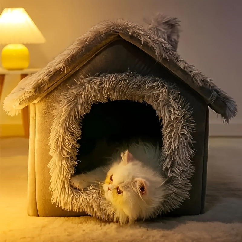 [For Cats & Dogs Plush Bed] Comfortable Plush Pet Bed For Cats And Dogs, Removable Non-slip Bottom Cat House, Four-season Use, Semi-enclosed Pet Sleeping Bed
