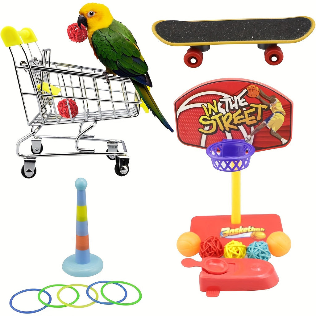 Craftsboys 5pcs Parrot Training Toy Set - Engaging Mini Shopping Cart, Basketball Hoop, Stacking Rings & More - Durable Plastic Bird Enrichment Kit for Cognitive Skills & Physical Exercise, Bird Toys