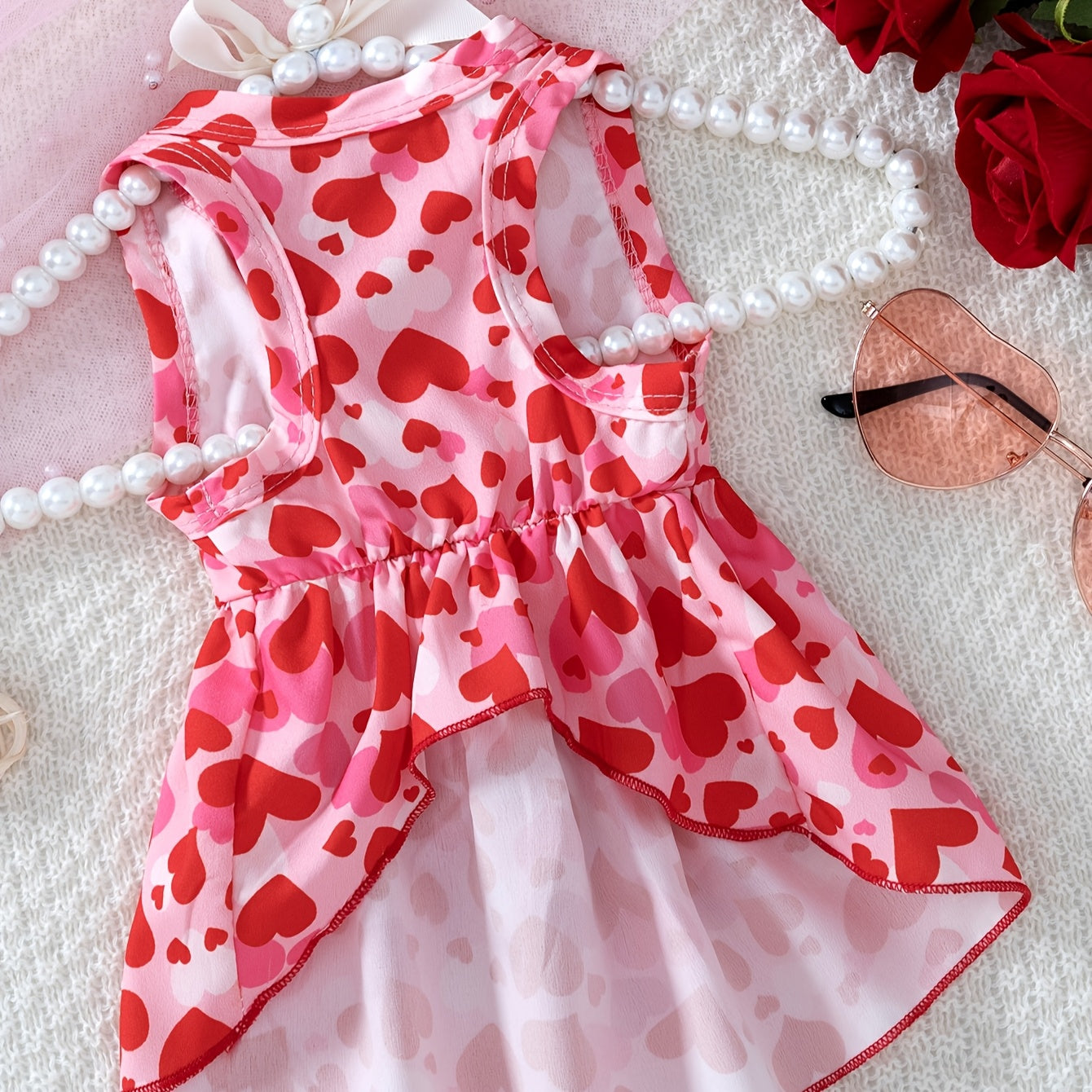 Valentine's Day Pink Heart Pattern Dog Dress with Bow, Cute Pullover Pet Apparel for Small & Mini Breeds, Woven Polyester 95% Spandex 5%, Suitable for Spring, Summer, Fall, Series, Skirt